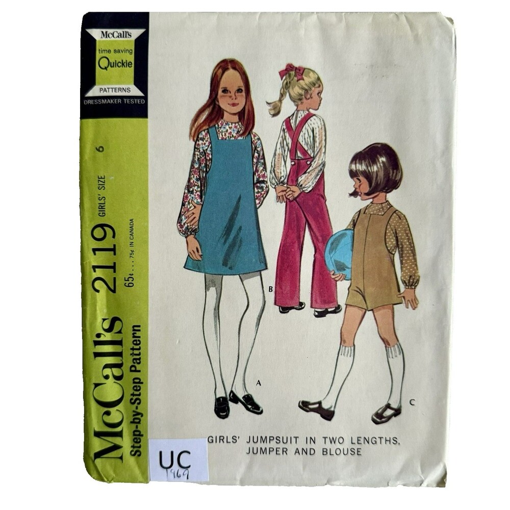 Vtg 60s McCalls 2119 Sewing Pattern Girls 6 Jumper Overalls Romper Dress UNCUT